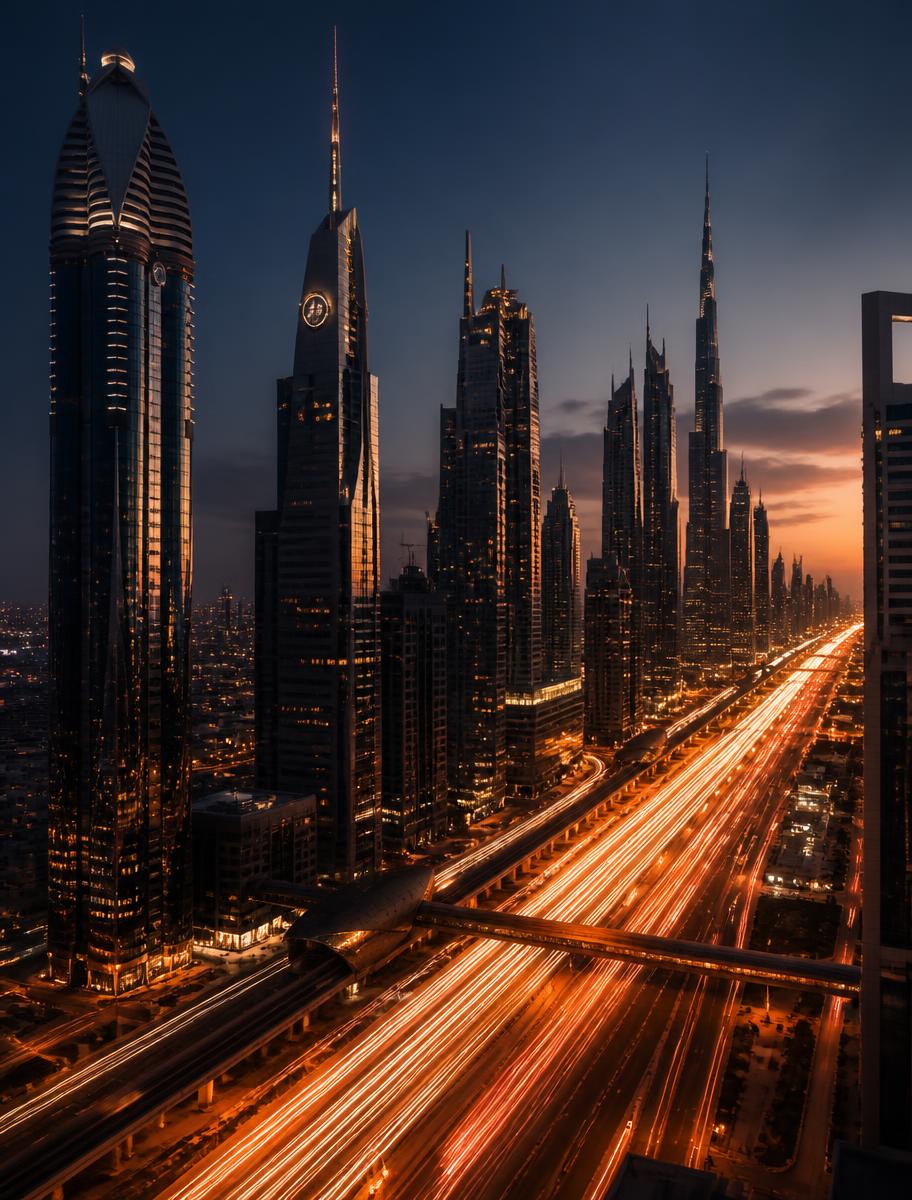 Dubai business district and Sheikh Zayed Road at dusk