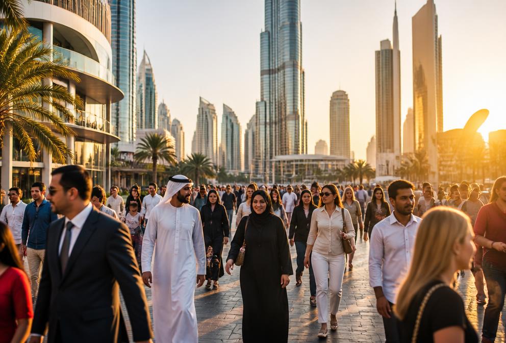 International residents walking along a Dubai boulevard at golden hour