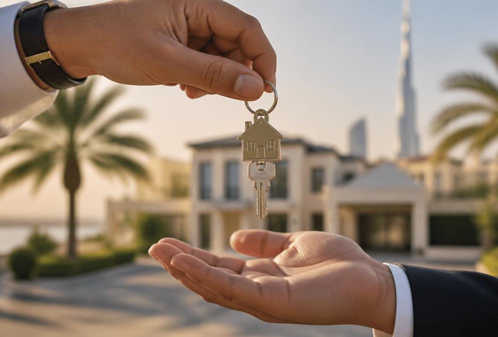 House keys being handed over in front of a Dubai villa